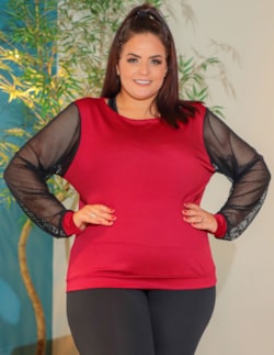 Blusa em Crepe de Alfaiataria Feminina Plus Size Manga Longa em Tela