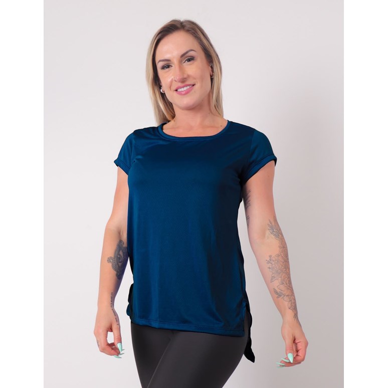 Blusa Feminina em Dry Fit Alongada com Manguinhas Azul Marinho | Ref: 4.4.4461-18