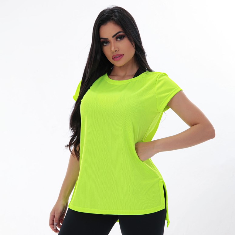 Blusa Fitness Alongada Amarelo Neon em Dry Fit com Manguinhas | Ref: 4.4.4385-36