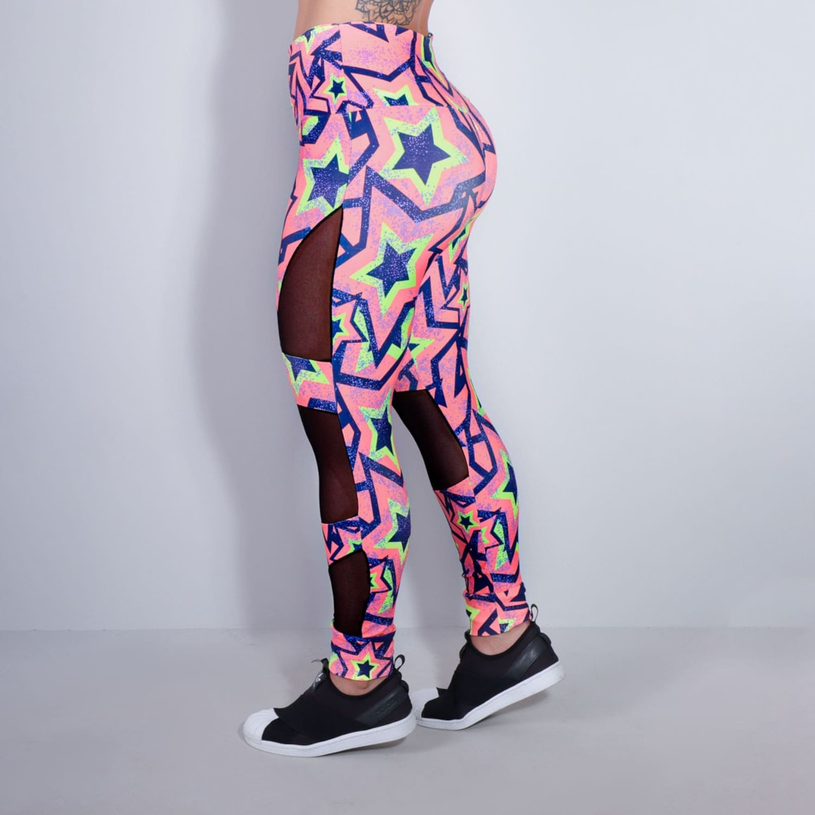 Calça Legging Estampada com Recortes de Tule Preto | Ref: 4.4.4252-317