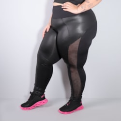 Calça Legging Plus Size Preta Cós Alto com Cirrê e Tela | Ref: 4.4.437