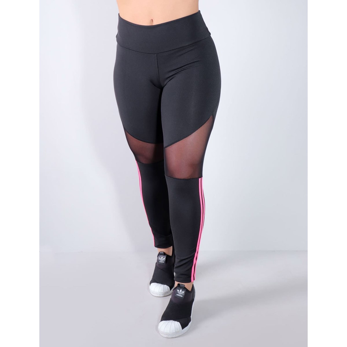 Calça Legging Preta com Tule e Listras Rosa Neon | Ref: 4.4.4340-0139
