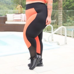 Calça Plus Size Fitness Laranja Neon e Preta com Tela nas Pernas | Ref