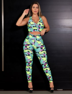 Conjunto Feminino Estampado Empina Bumbum Fitness Cropped com Bojo e C