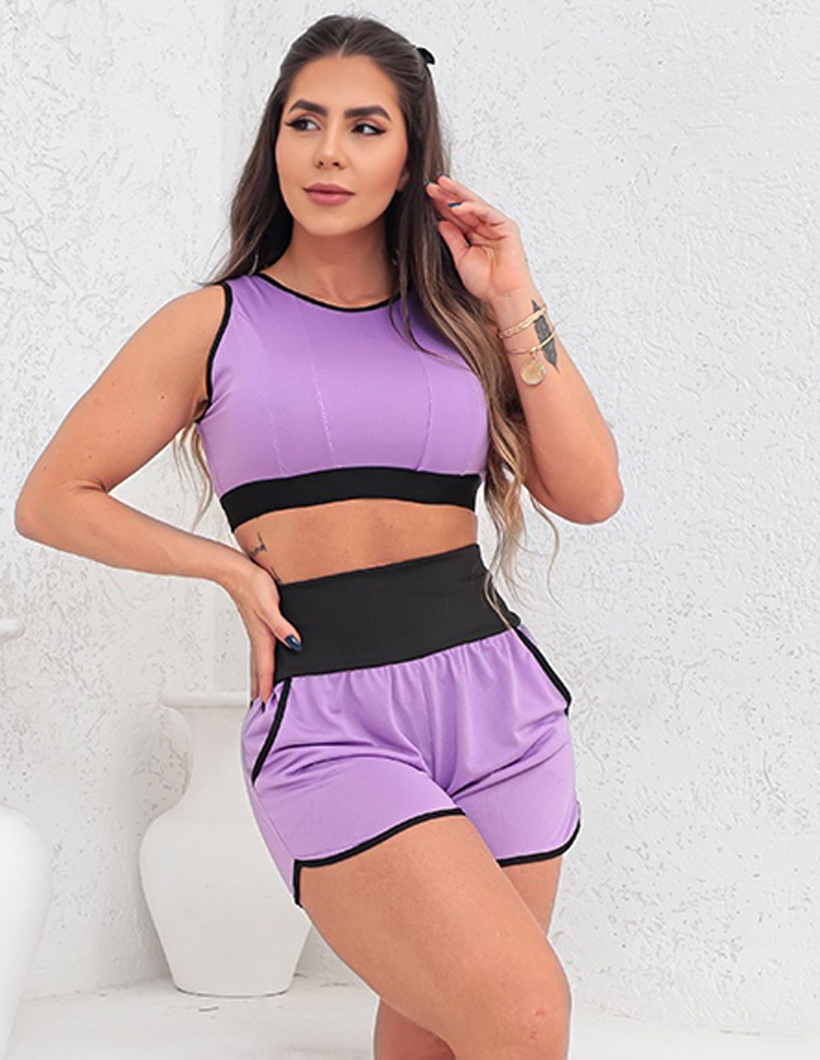 Conjunto Feminino Running Esportivo Short com Bolsos e Cropped sem Boj