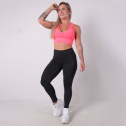 Conjunto Fitness Calça Preta com Tela  e Cropped Rosa Neon com Bojo Re