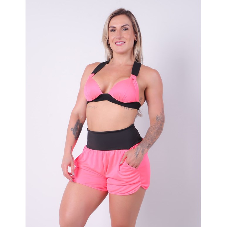 Conjunto Fitness em Dry Fit Rosa Neon com Short e Top com Bojo | Ref: 8.8.0212-3901