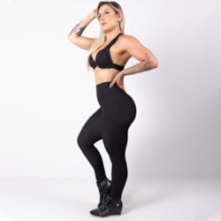 Conjunto Fitness Fake Jeans Preto em Viscose Calça e Top com Bojo | Re