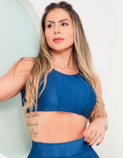Cropped Fitness Feminino Texturizado Azul Marinho sem Bojo | Ref: 3.3.