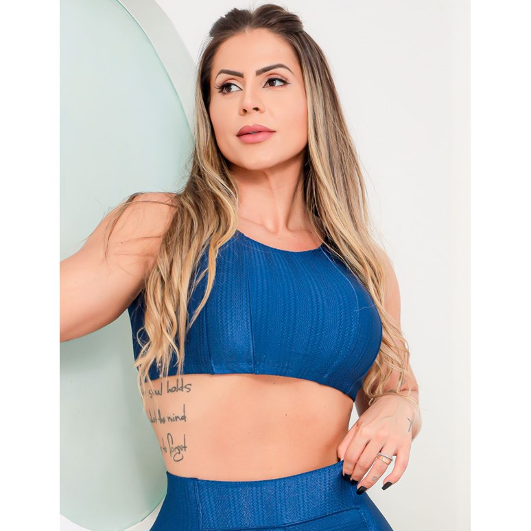 Cropped Fitness Feminino Texturizado Azul Marinho sem Bojo | Ref: 3.3.2312-18