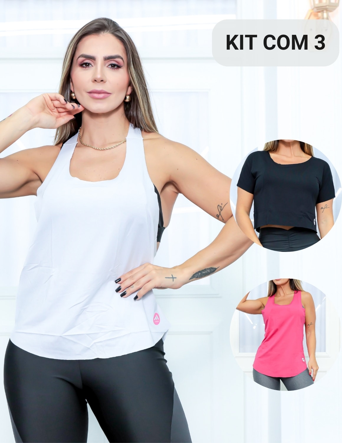 Kit 3 Regatas Blusinha Cropped Fitness Feminina Corrida Academia em Vi