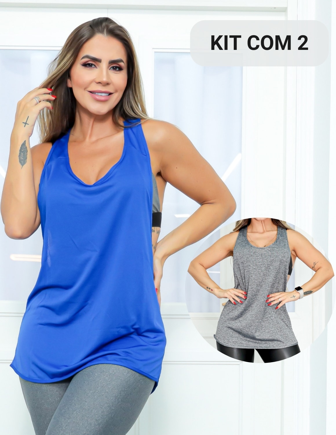 Kit com 2 Camisetas Fitness Feminina em Dry Fit Cavada