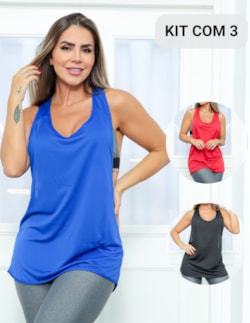 Kit com 3 Camisetas Cavadas Feminina para Academia em Dry Fit Furadinh