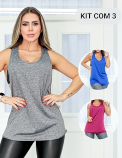 Kit com 3 Camisetas Feminina em Dry Fit Cavada para Academia