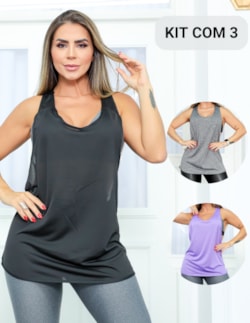 Kit com 3 Camisetas Fitness Feminina em Dry Fit Furadinha Seca Rápido