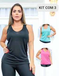 Kit com 3 Camisetas Regata Feminina para Academia em Dry Fit