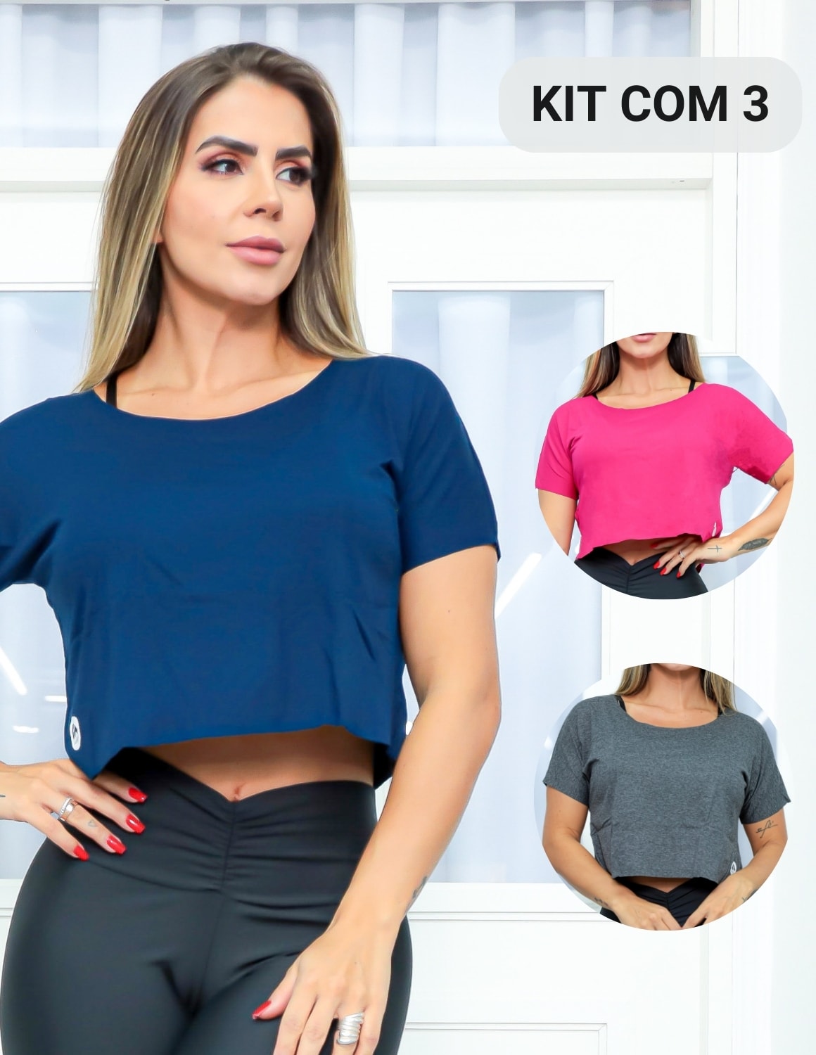 Kit com 3 Croppeds Academia Feminina com Manguinhas