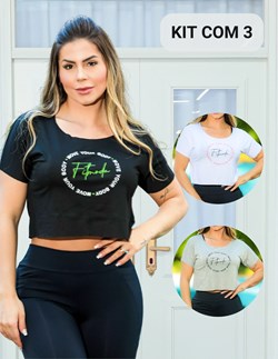Kit com 3 Croppeds Camiseta Feminina com Manguinhas e Estampa - MOVE Y