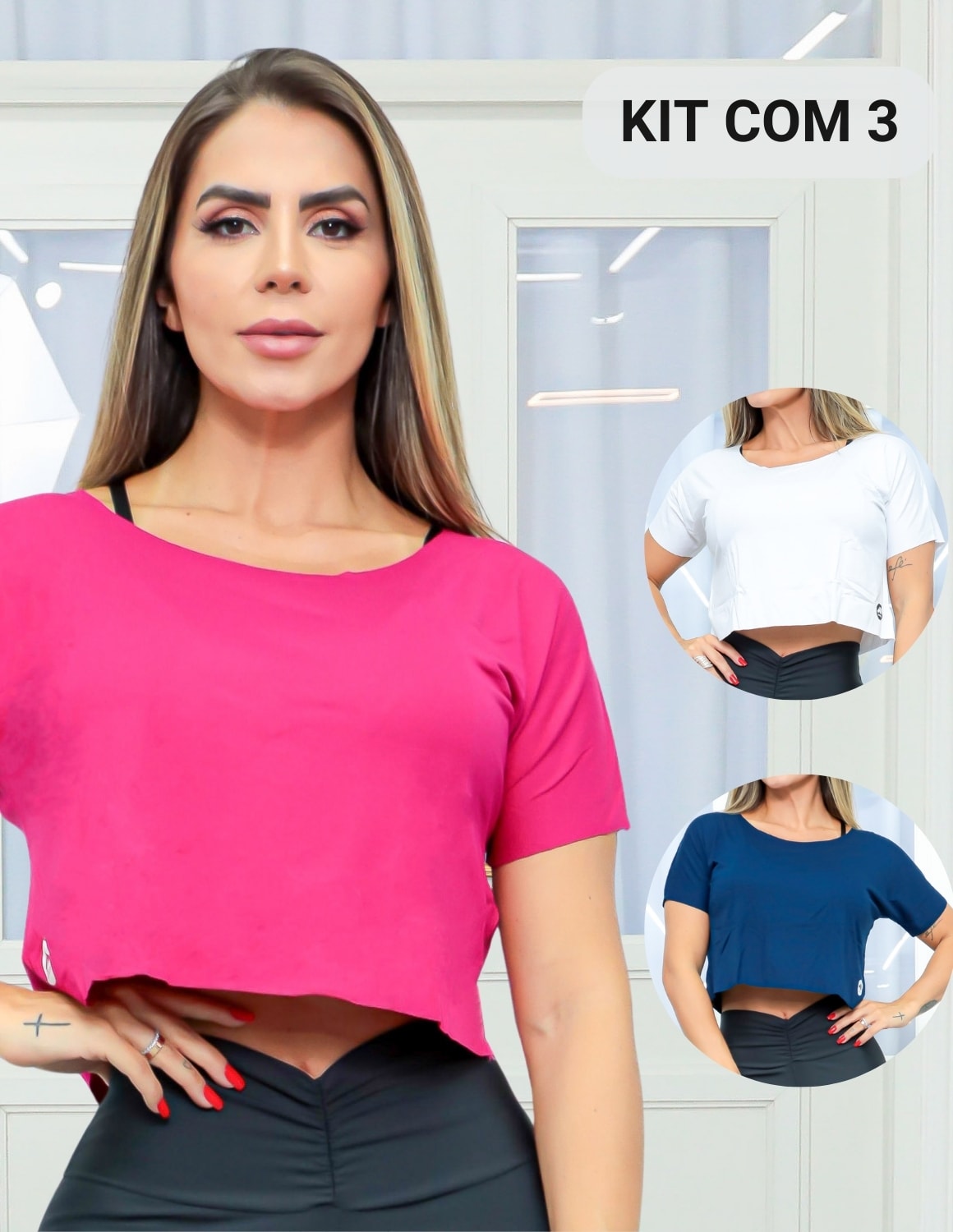 Kit com 3 Croppeds Tops Versáteis Feminino Fitness e Casual
