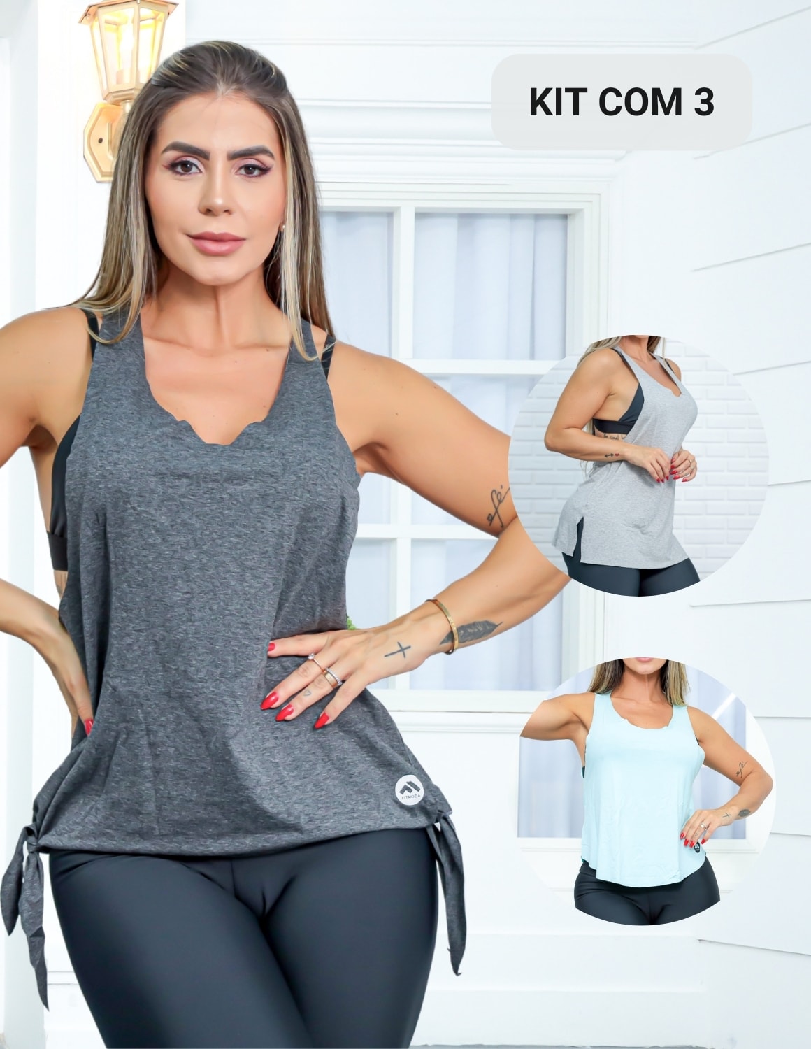 Kit Com 3 Modelos de Regatas Feminina para Academia em Viscolycra
