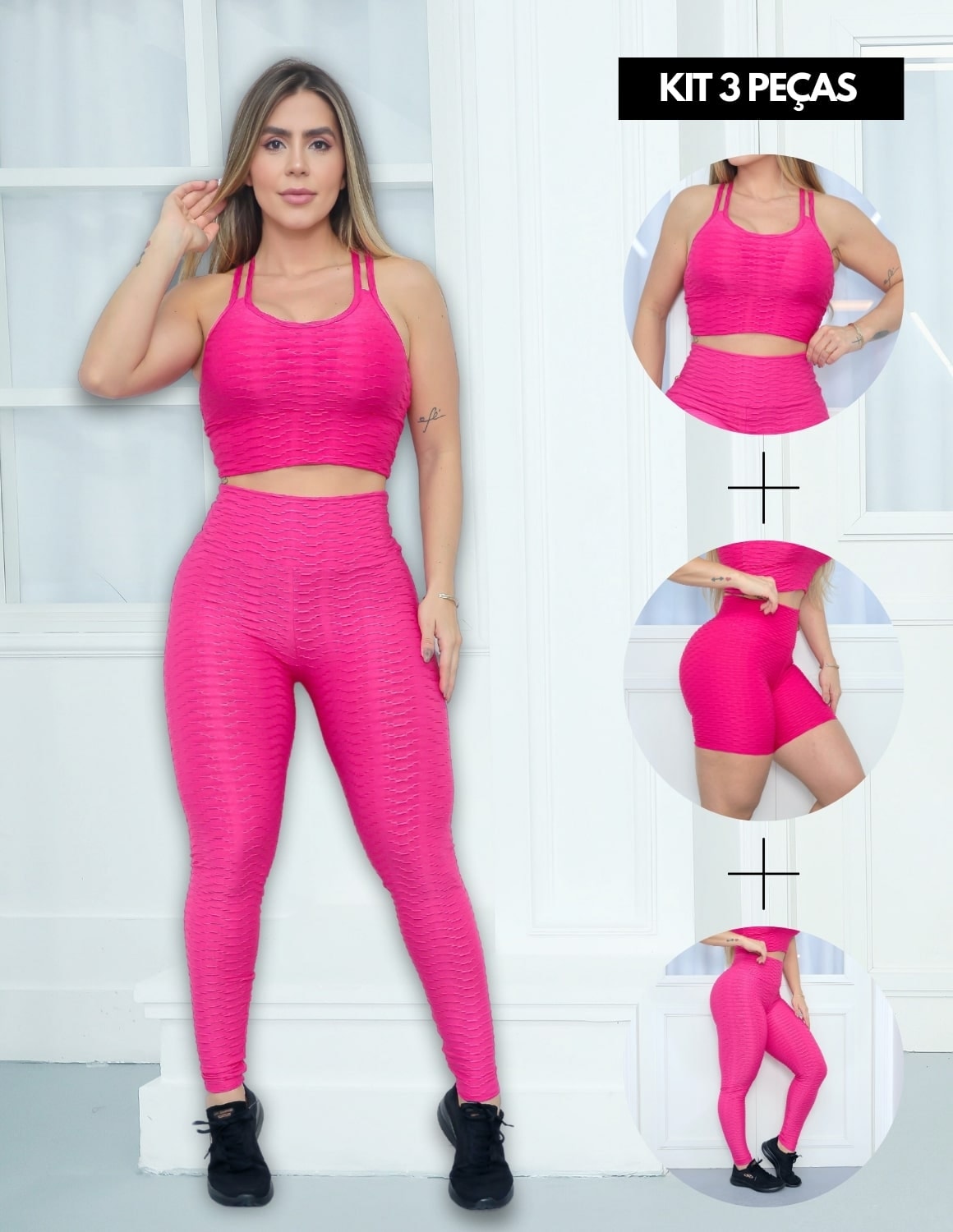Kit com 3 Peças Calça Legging Bolha Short Cintura Alta e  Top Alcinha
