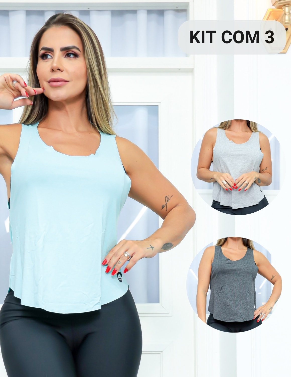 Kit com 3 Regatas Esportivas Feminina com Abertura nas Costas