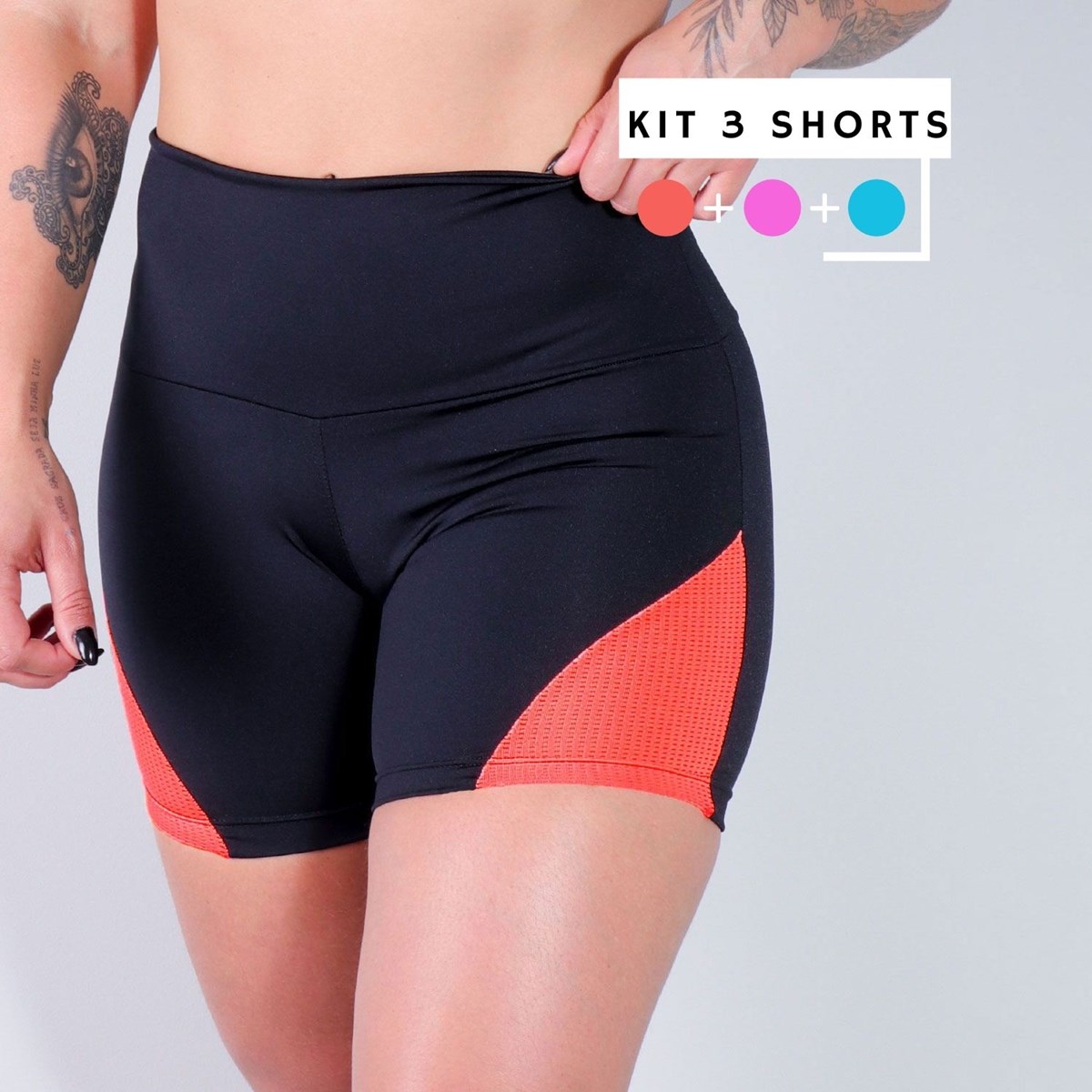 Kit com 3 Shorts com Recortes de Tela de Poliamida | Ref: KITSHORT-04