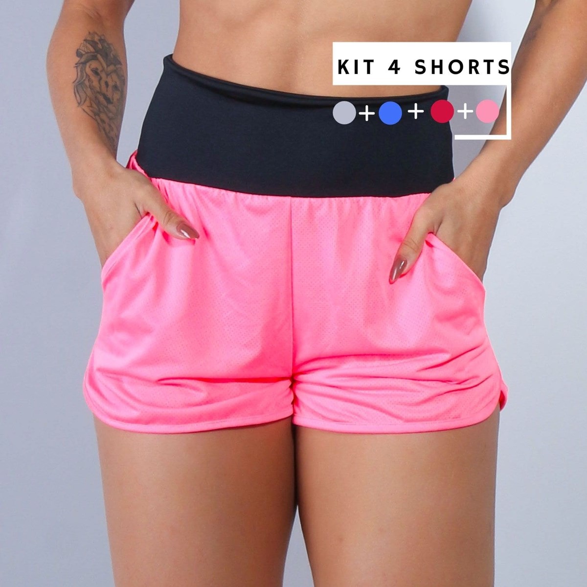 Kit Com 4 Shorts Vinho, Rosa Neon, Azul e Mescla de Dry Fit com Bolsos | Ref: KITSHORT-02