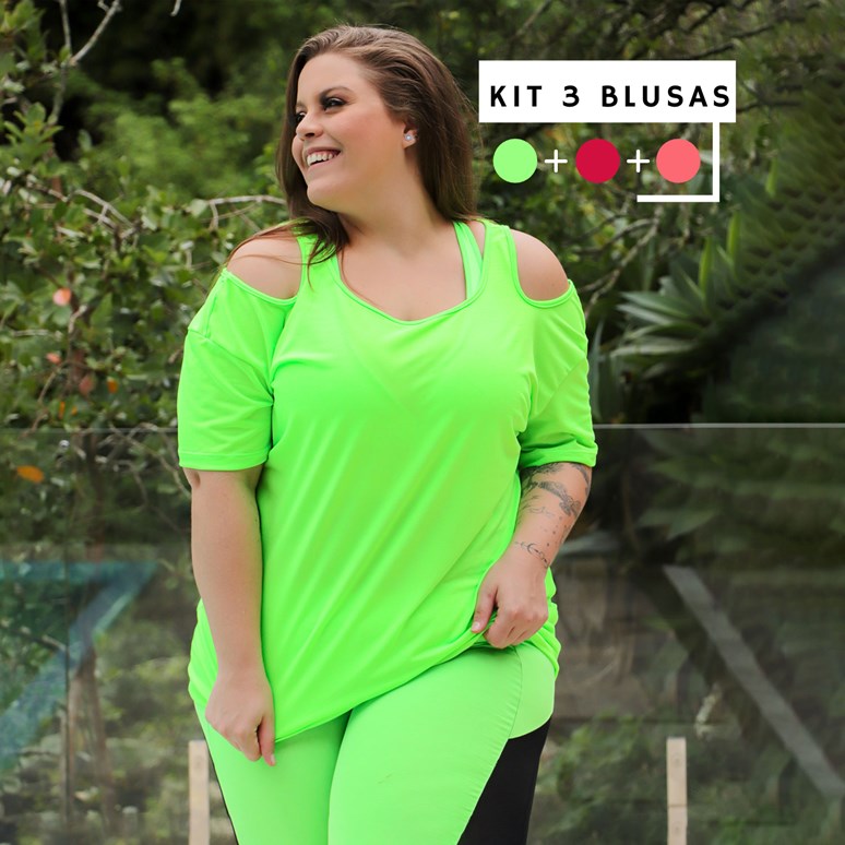 Kit Plus Size com 3 Blusas Verde Neon, Rosa Neon e Vermelho Escuro | Ref: KITPLUS-01