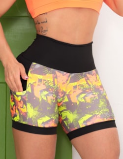 Short Esportivo Fitness Estampado Academia Cós Alto Com Bolsos