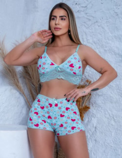 Top Doll Pijama de Dormir Baby Doll Dia e Noite em Suede Estampado e R