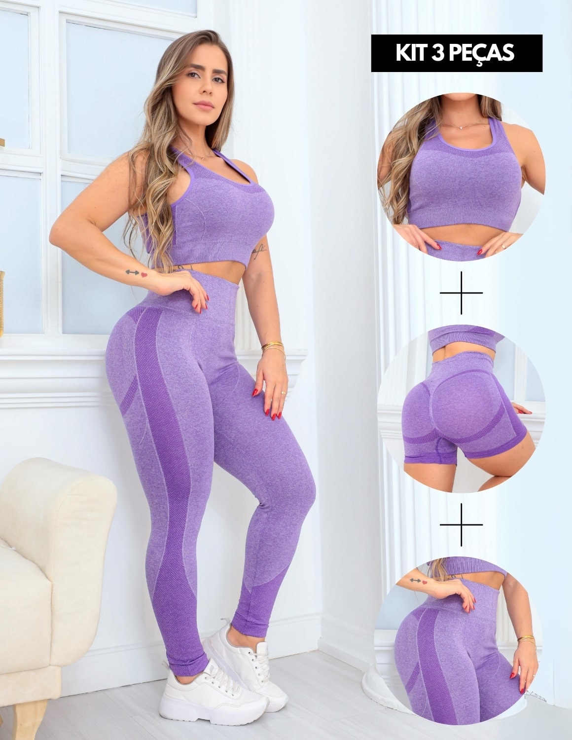 Trio Academia Feminino com Cropped Calça Cintura Alta e Short Levanta