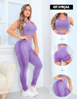 Trio Academia Feminino com Cropped Calça Cintura Alta e Short Levanta