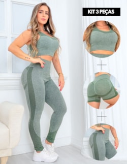 Trio Conjunto Esportivo Feminino com Cropped Short e Legging Cintura A