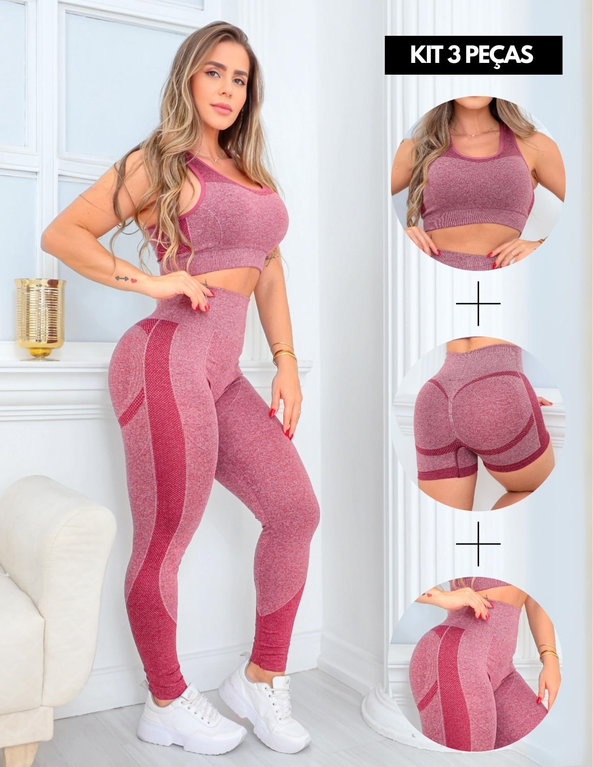 Trio Conjunto Feminino Fitness Valoriza Bumbum com Cropped Calça Cintu