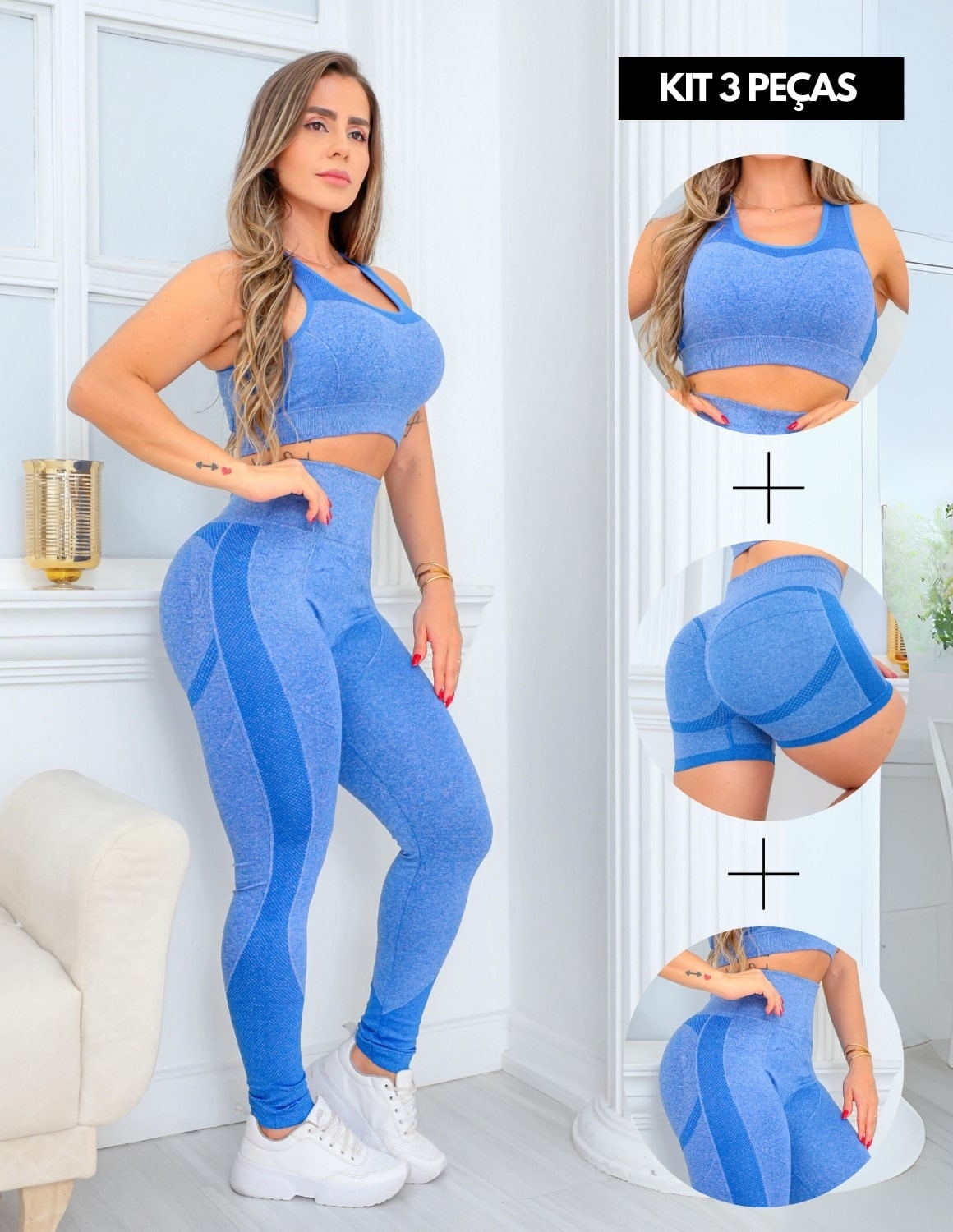 Trio Feminino Empina Bumbum com Cropped Short e Calça Cintura Alta