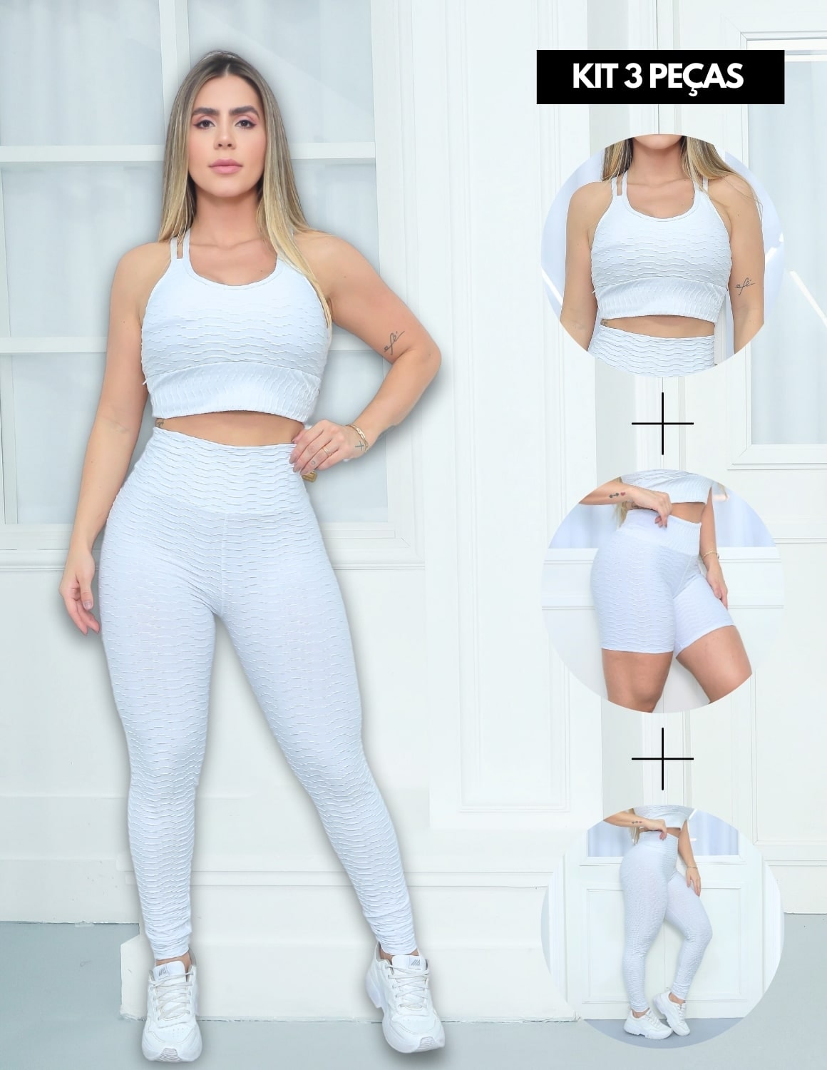 Trio Feminino Fitness Bolha com Top Alcinha + Calça Legging e Short Ci
