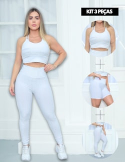 Trio Feminino Fitness Bolha com Top Alcinha + Calça Legging e Short Ci