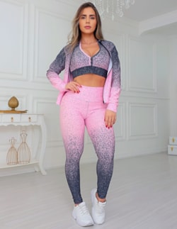 Trio Fitness Feminino em Degradê com Casaco Bomber Calça Legging e Top